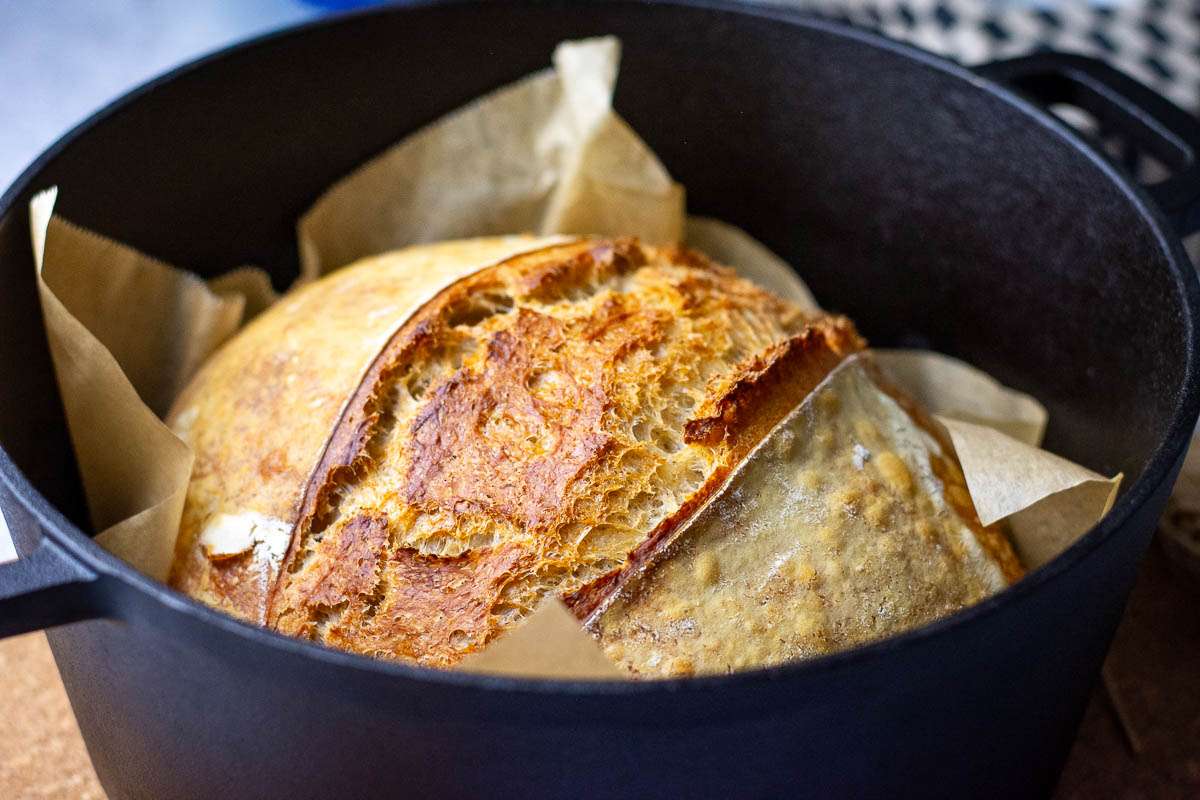 Golden brown sourdough crust.