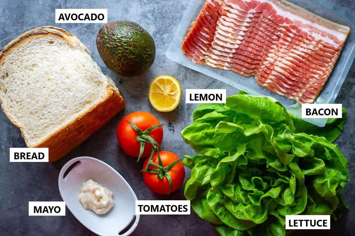INgredients for Bacon, Lettuce, Tomato and Avocado Sandwiches.