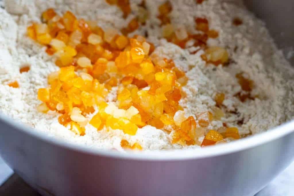Dry ingredients in a bowl of a stand mixer.