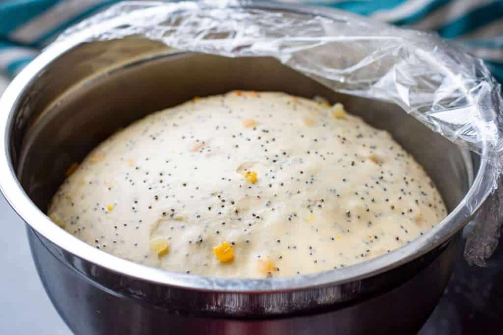 Lemon Popy Seed Hot cross bun dough doubled in volume after its first rise.