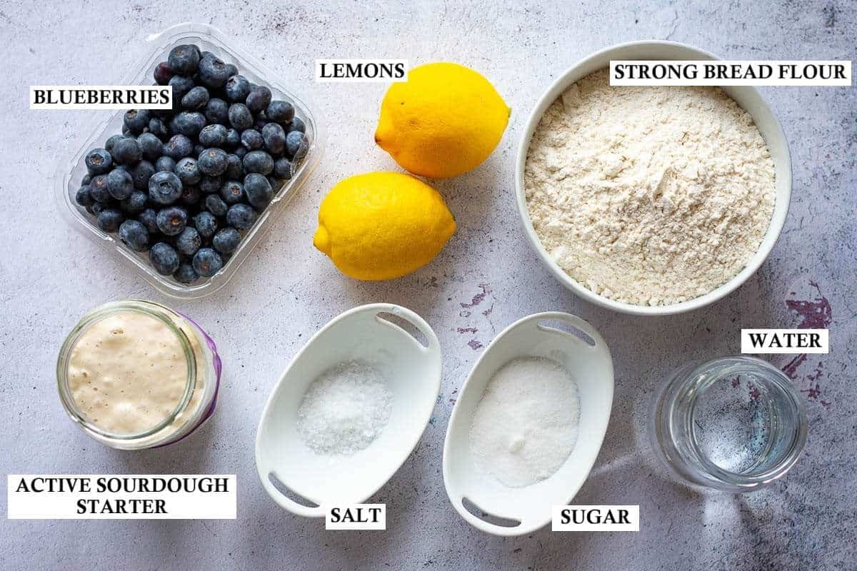 Ingredients for Lemon BLueberry Sourdough Bread.