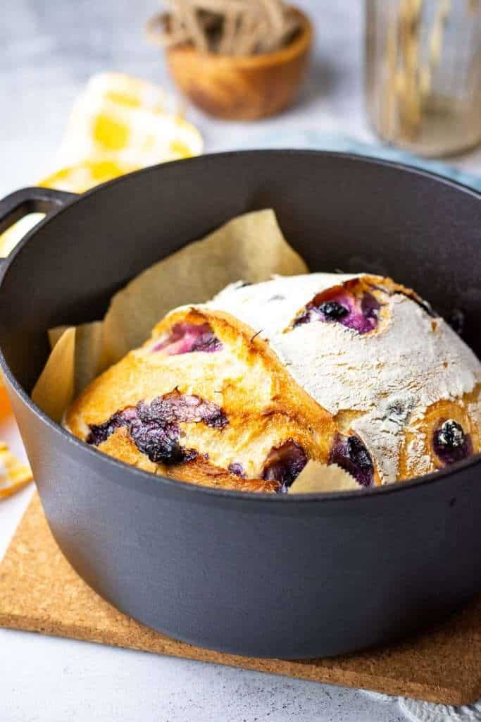 Sourdough fully baked in a cast iron Dutch oven.