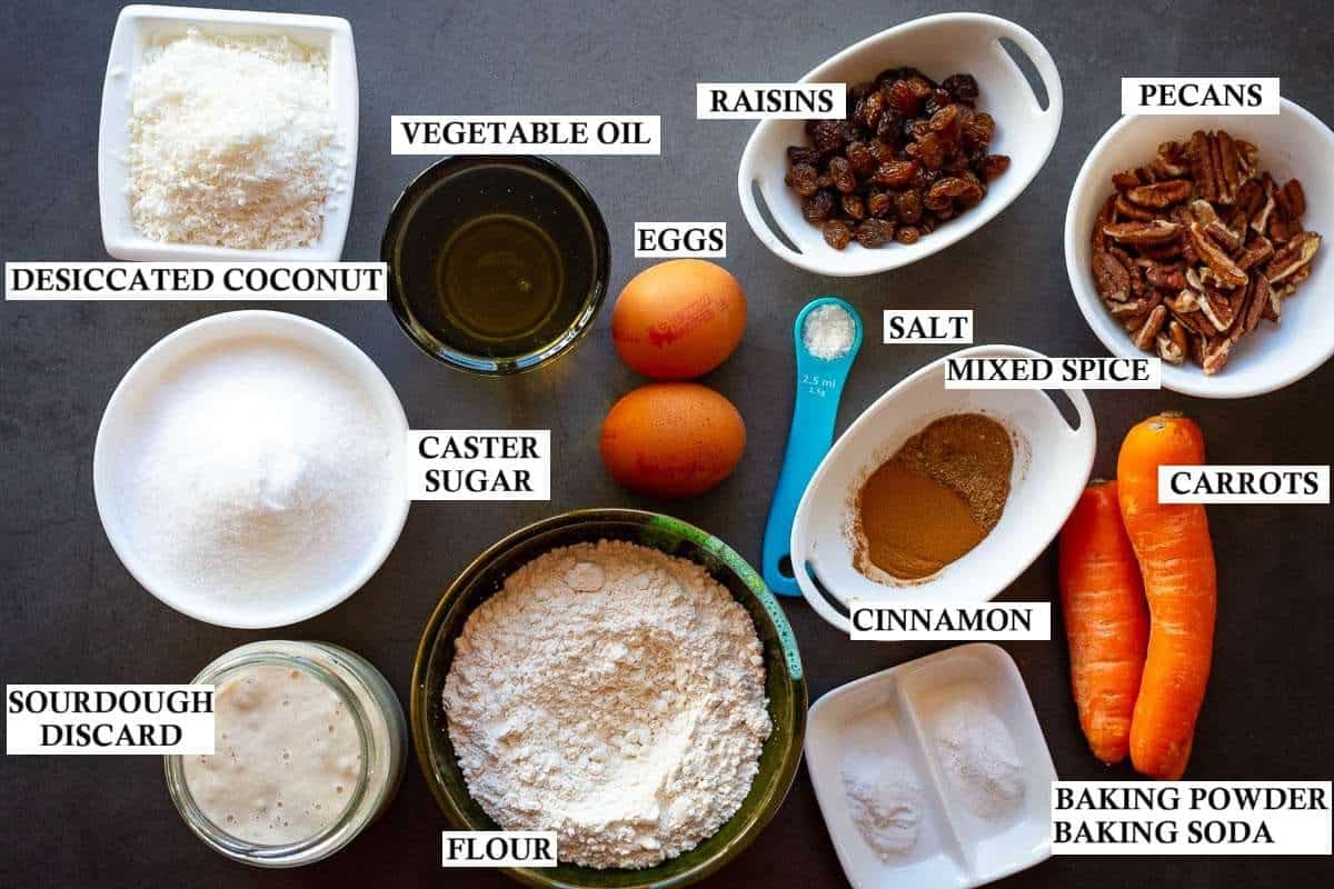 Ingredients for sourdough carrot cake.