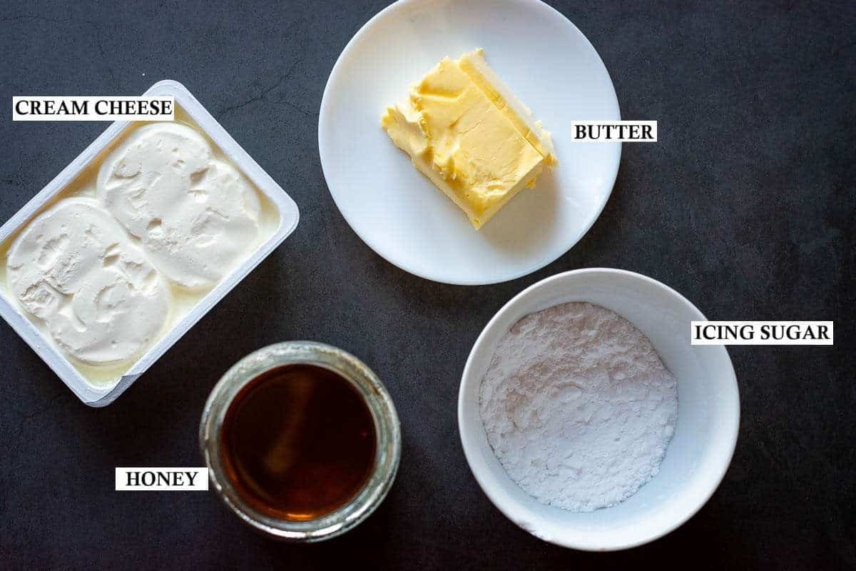 Ingredients for honey cream cheese frosting for the cake.