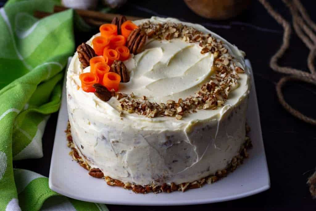 Frosted and decorated carrot cake.