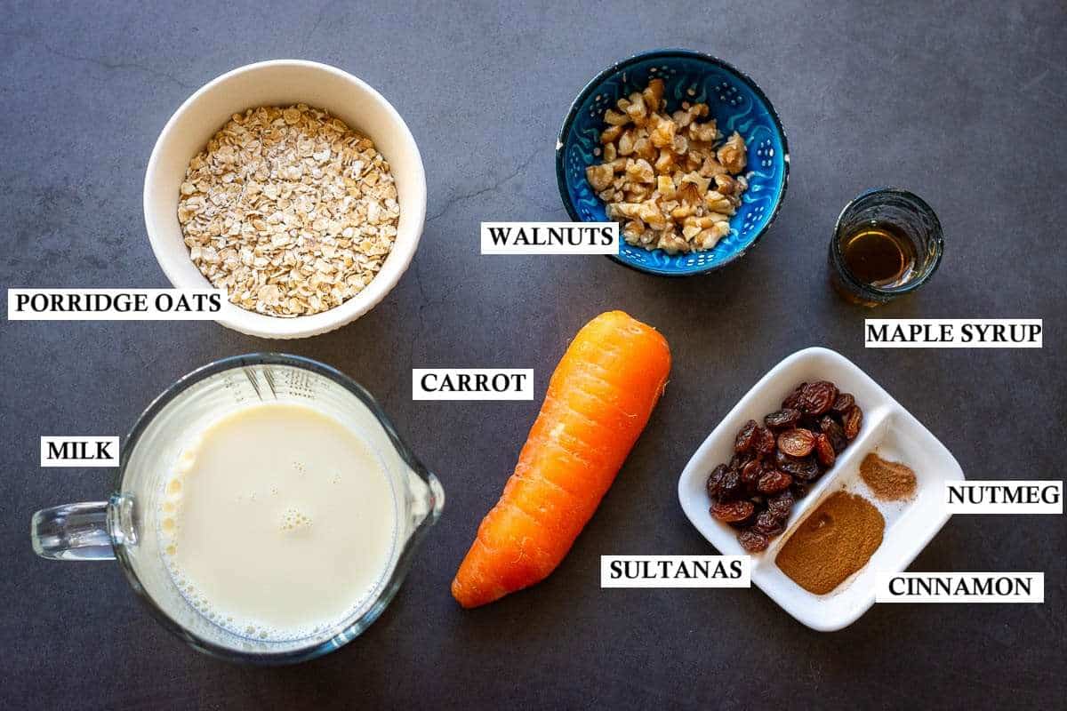 Ingredients for Carrot Cake inspired porridge on greay surface.