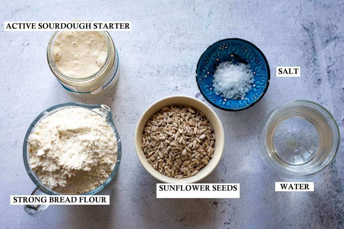 Ingredients for Sourdough Bread With Sunflower Seeds.