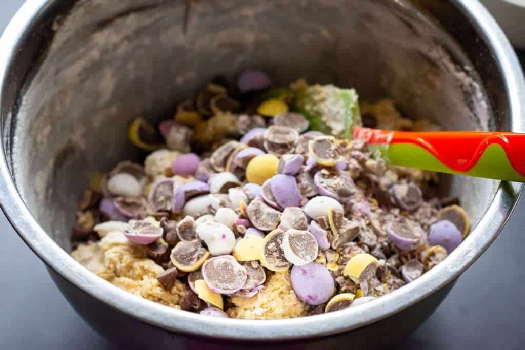 crushed mini eggs added to the cookie dough.