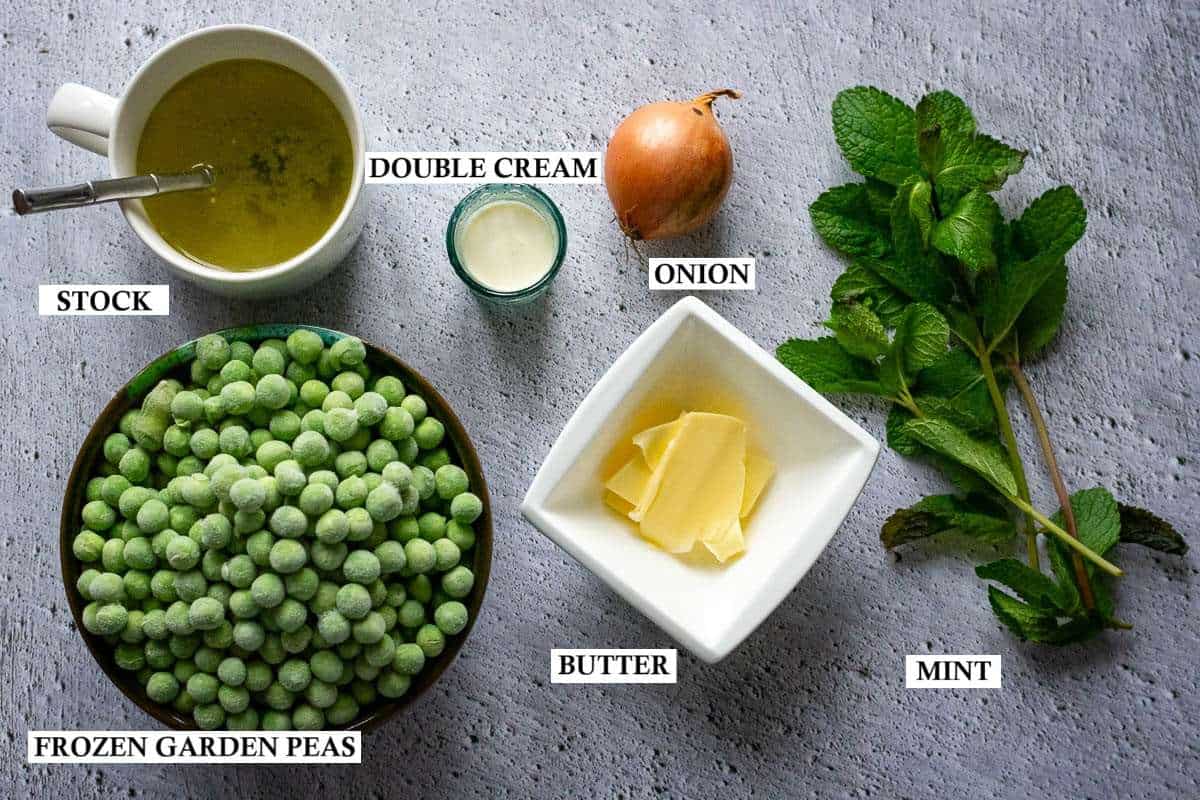 Ingredients for Minted Peas on a light grey surface.