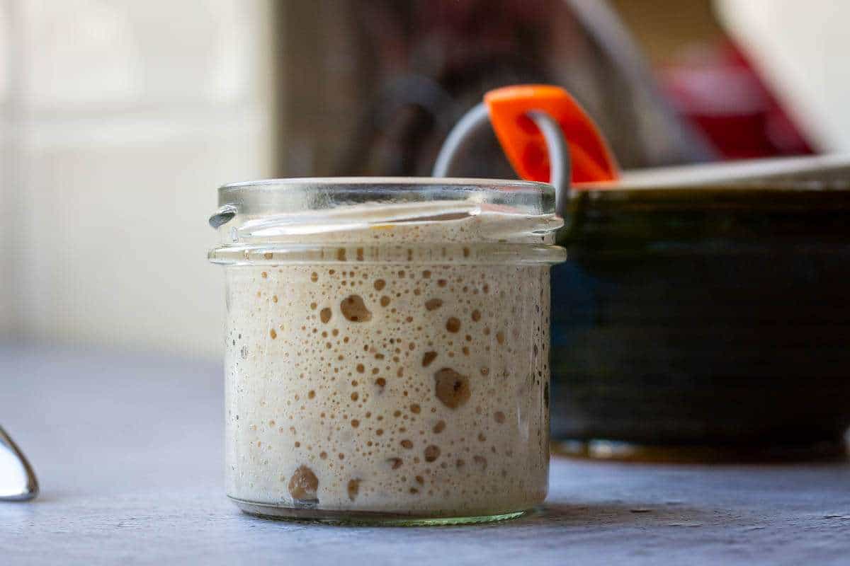 Active and bubbly starter fed stoneground white flour.