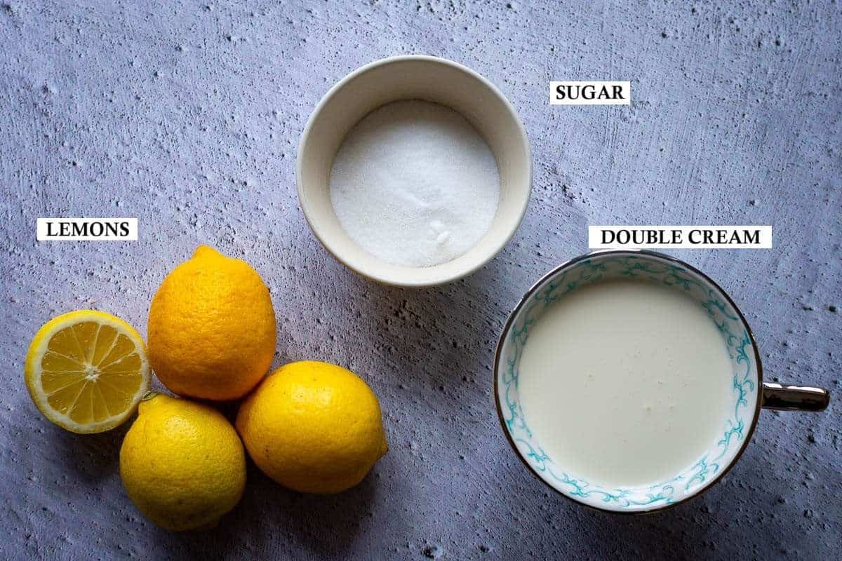 Ingrediens for lemon posset brulee.