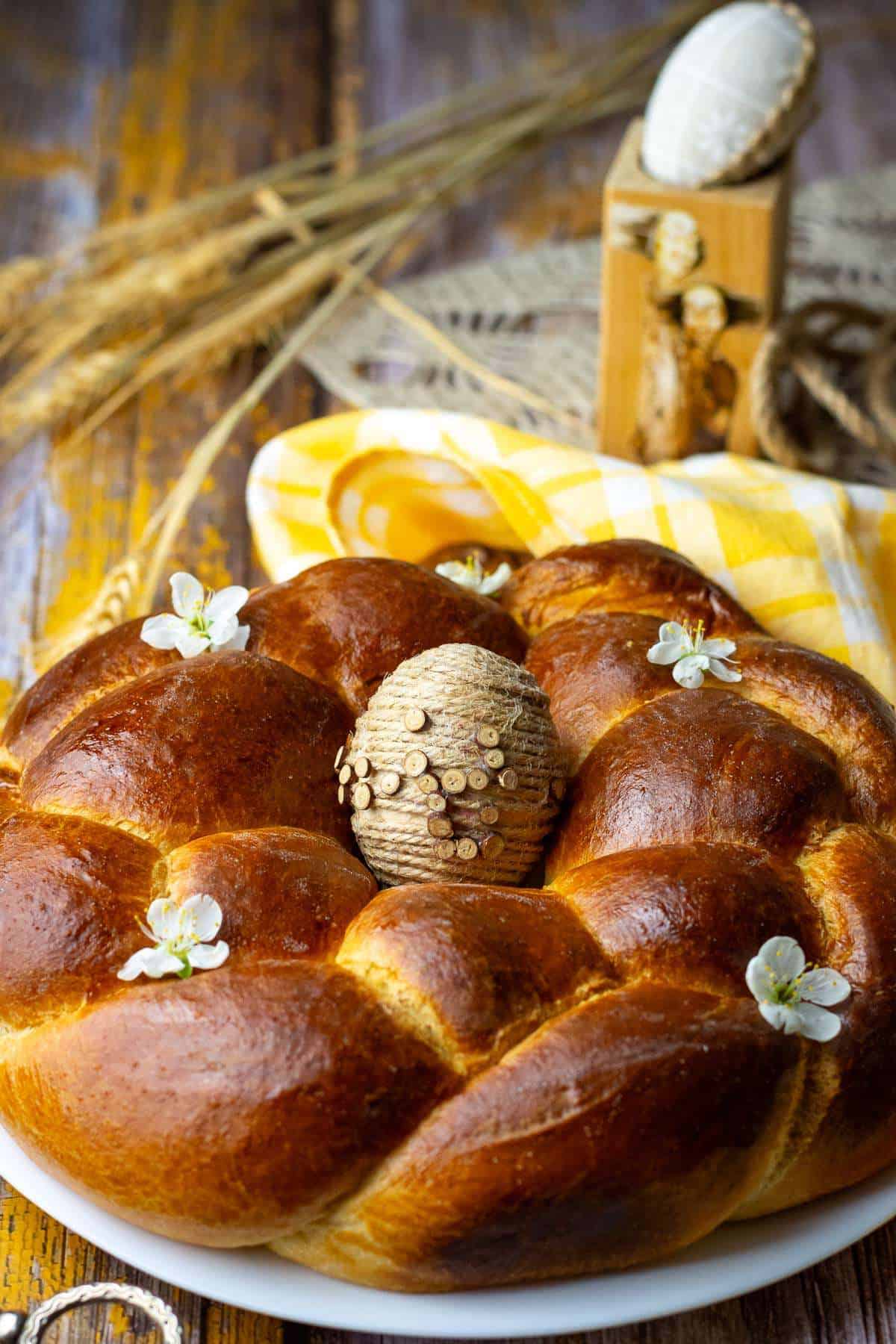 Sourdough pane di pasqua with an egg in the middle.