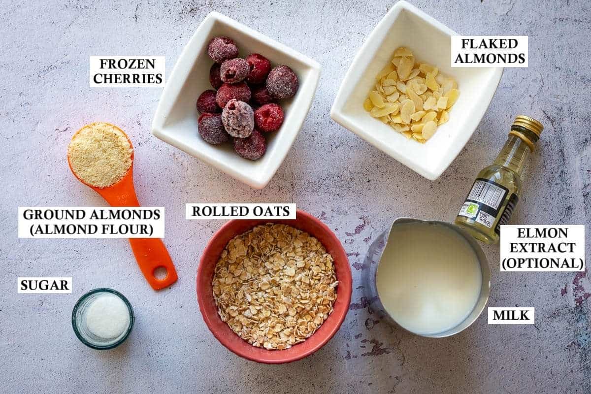 Ingredients for Cherry and Almond Porridge.