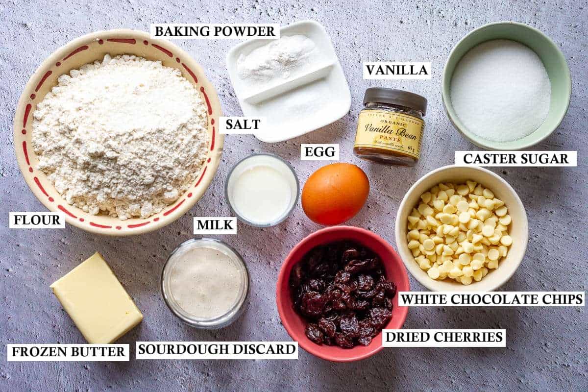 Ingredients for Sourdough discard Scones With Cherries and white chocolate chips.