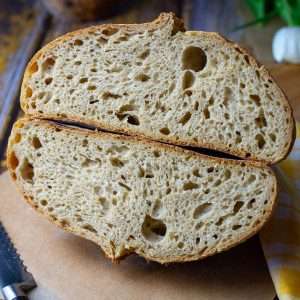 Einkorn sourdough bread cut in half.