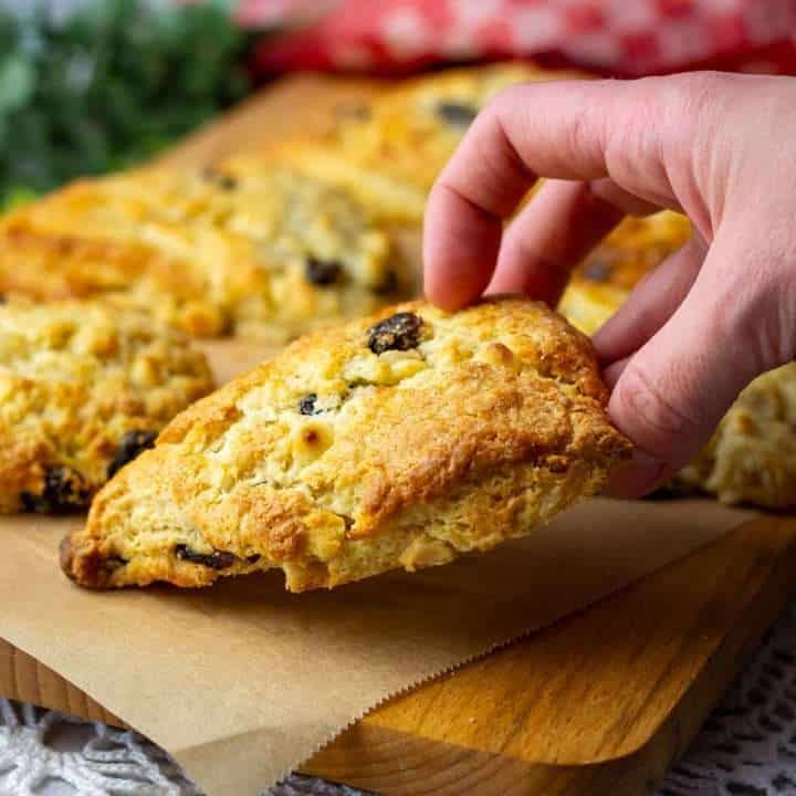 Sourdough Cherry Scones With White Chocolate Chips on a wooden board with one sourodugh scone being picked up.