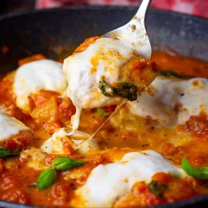 A piece of chicken pizzaiola with melty stringy mozzarella on top being lifted out of the pan with a spoon.