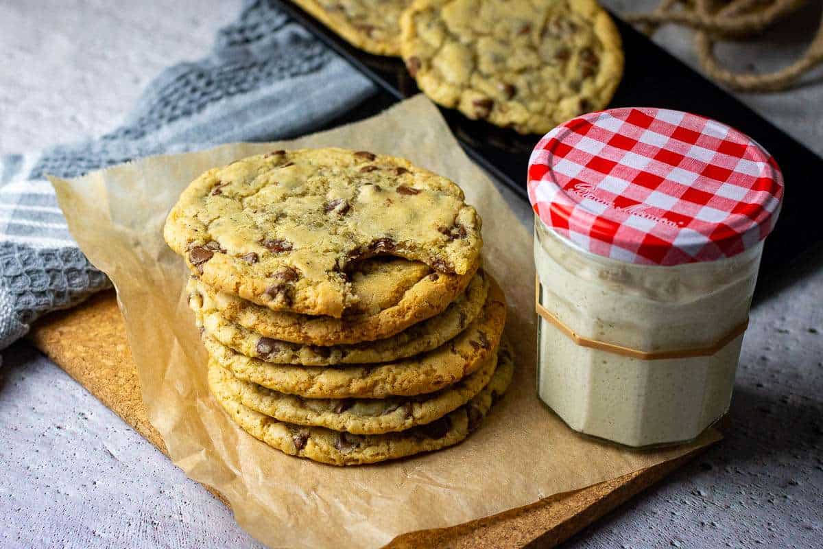 A stack of sourdough discard chocolate chip cookies.