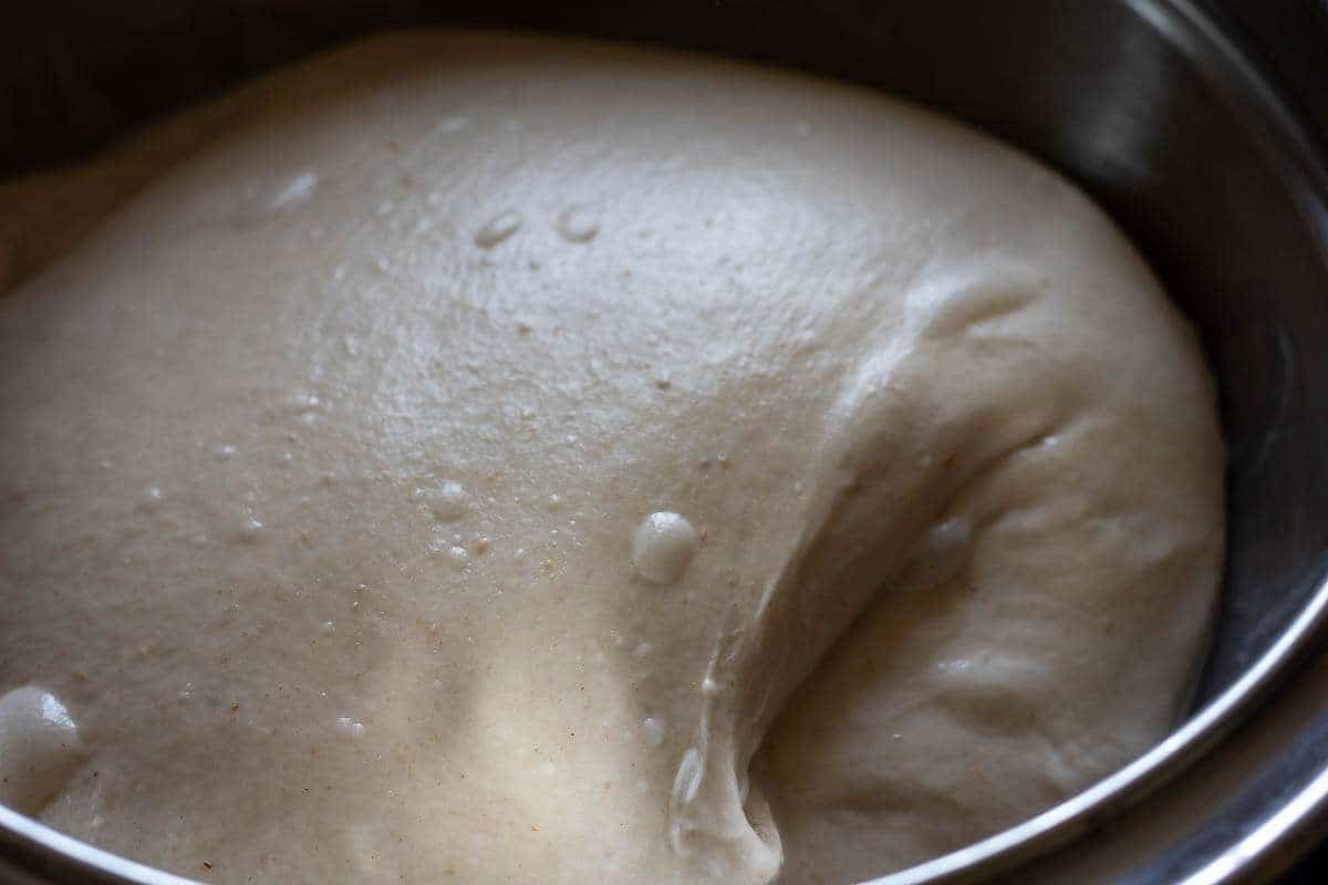 Coil folded sourdough in a mixing bowl.