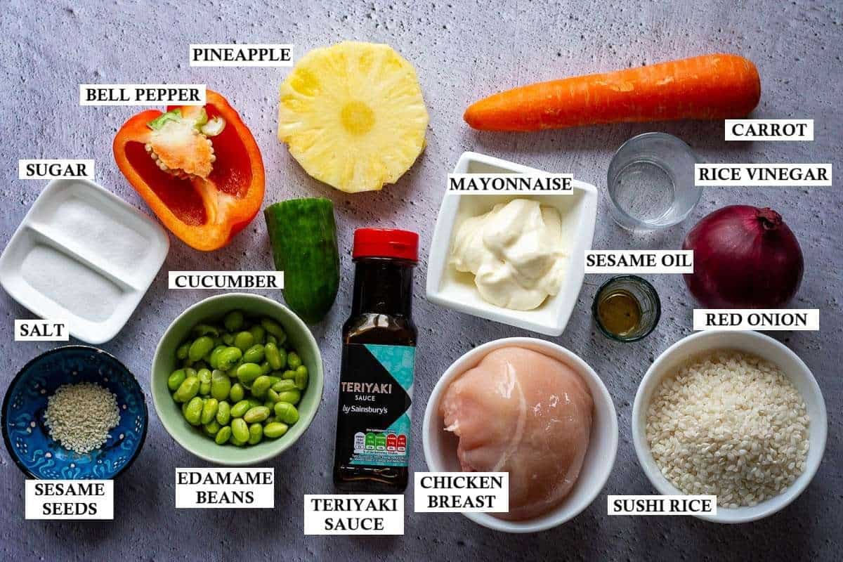 Ingredients for teriyaki chicken poke bowls.