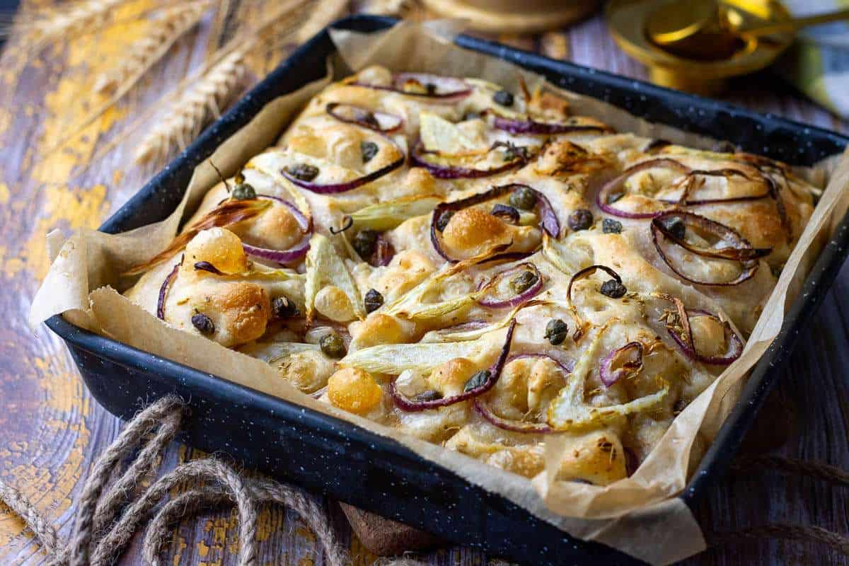 Baked Fennel and Caper Sourdough Focaccia