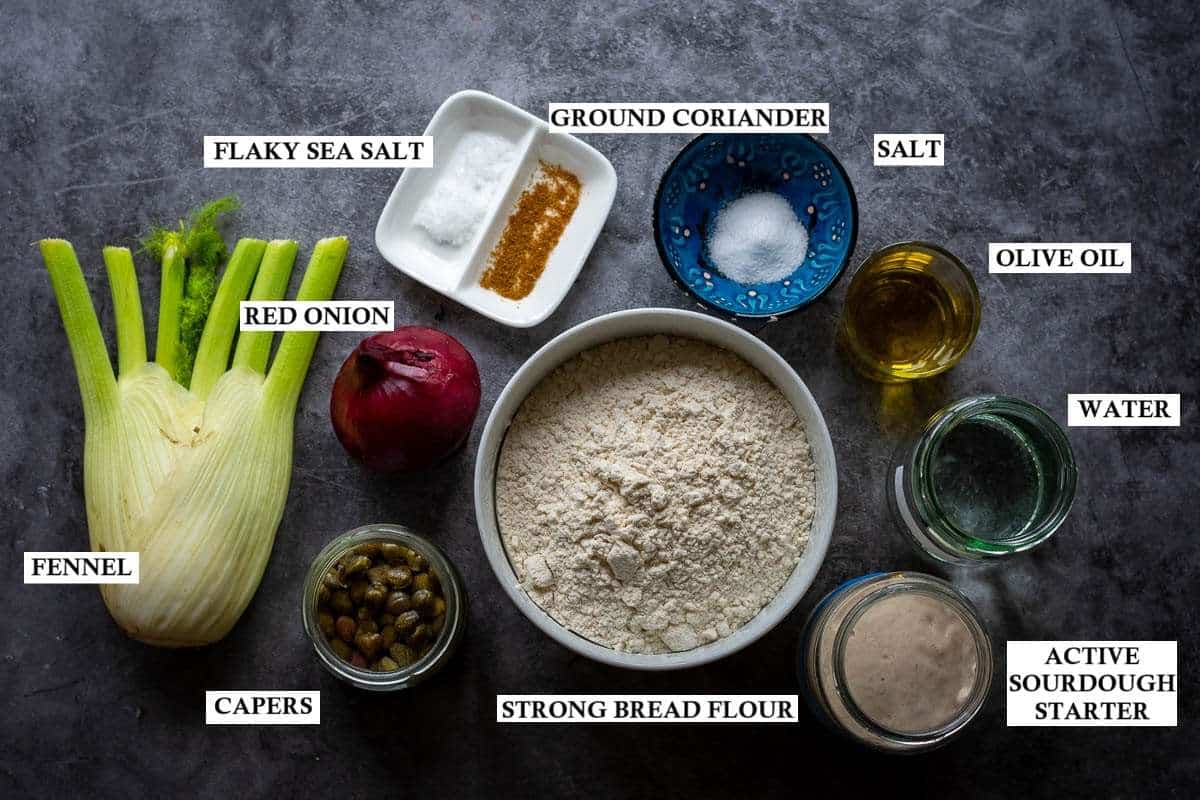 Ingredients for Sourdough Focaccia with Fennel, capers and red onion.