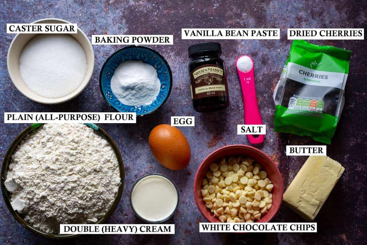 Labelled ingredients for Cherry and white chocolate chip scones.