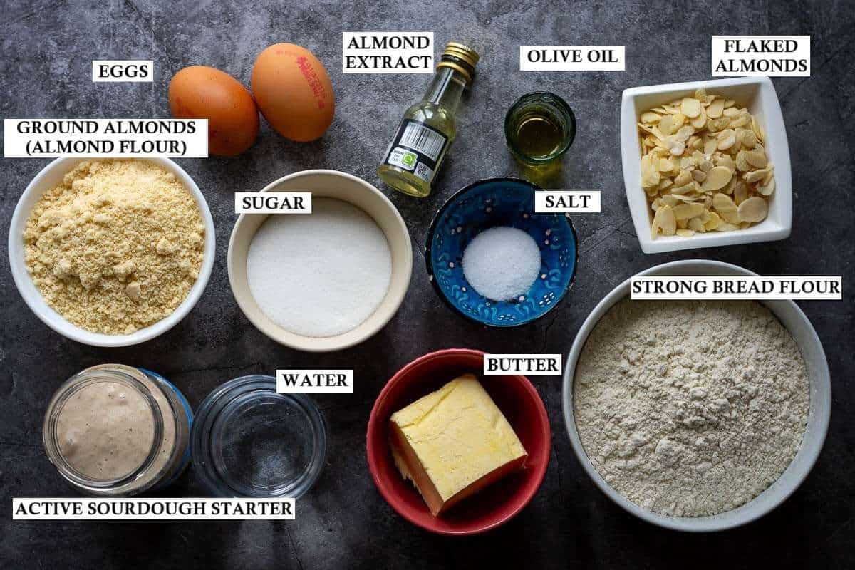 Ingredients for Sourdough Almond Croissant Focaccia.