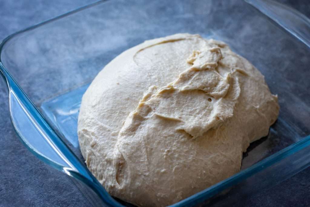Sourdough focaccia dough at the start of bulk fermentation.