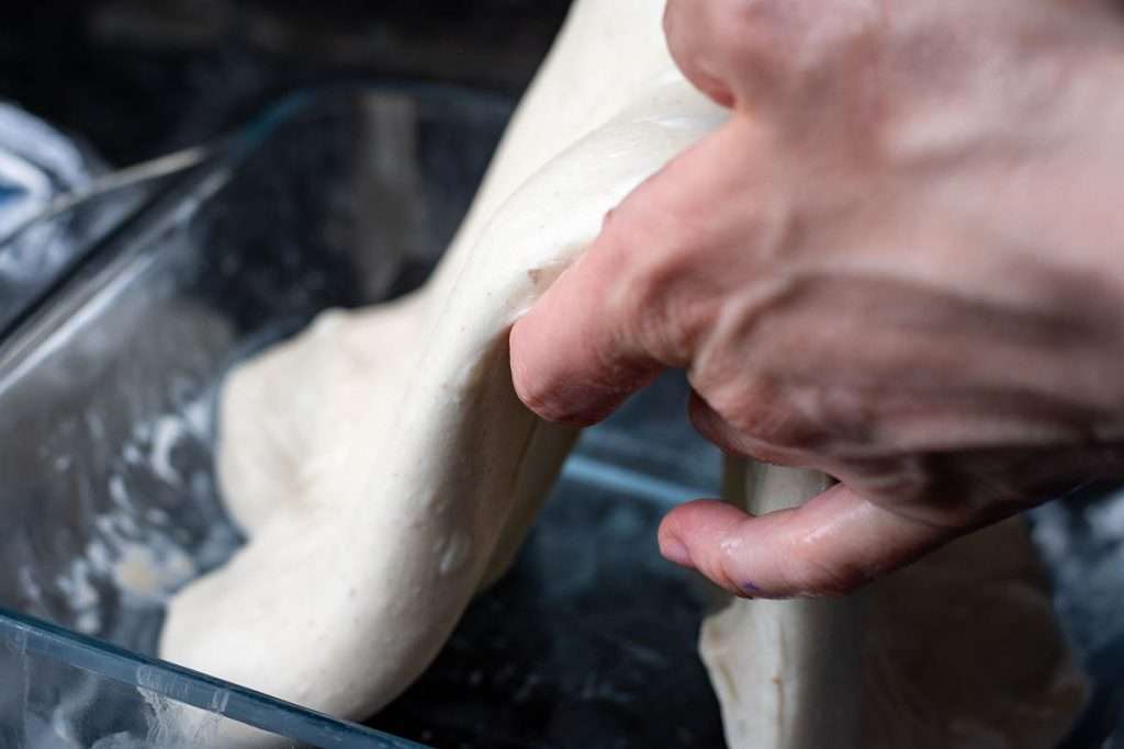 Coil folding sourdough focaccia dough.