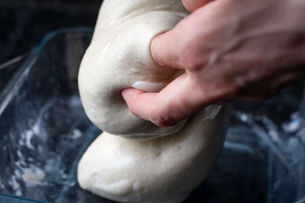 Coil folding sourdough focaccia dough.