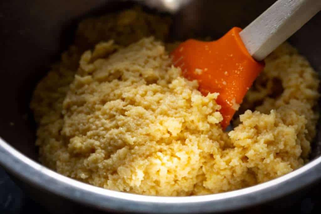 Almond frangipane filling in a large mixing bowl.