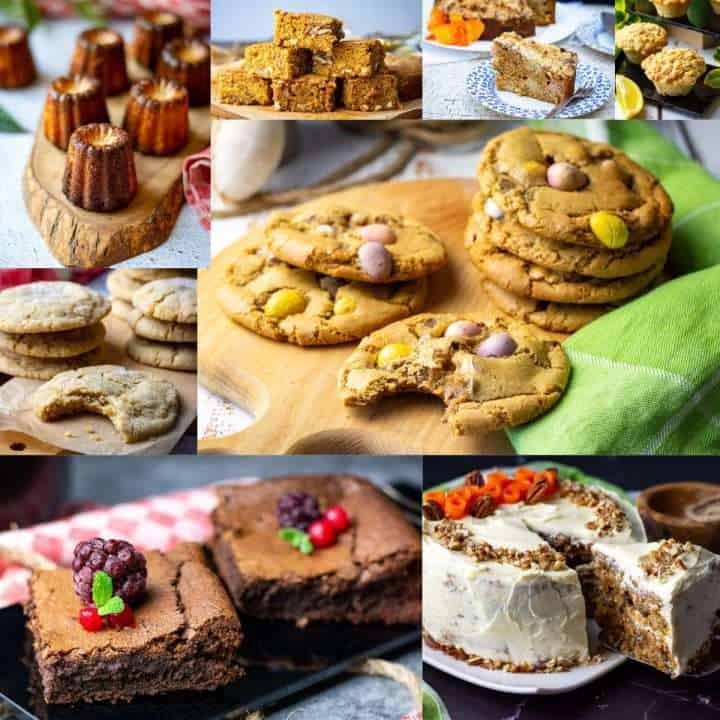 A collage of photos showcasing sourdough dessert recipes made with sourdough discard.