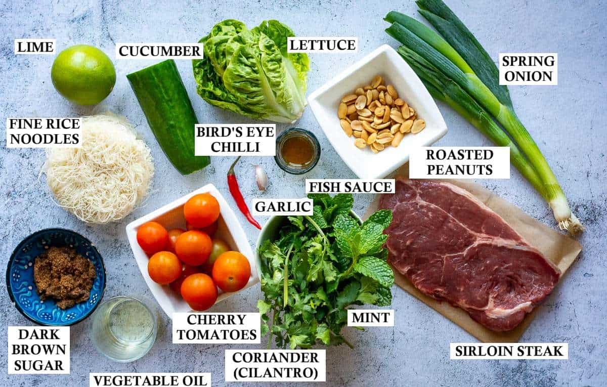 Ingredients for Thai Beef Noodle Salad.