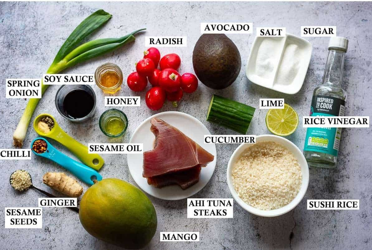 Ingredients for seared tuna poke bowls.