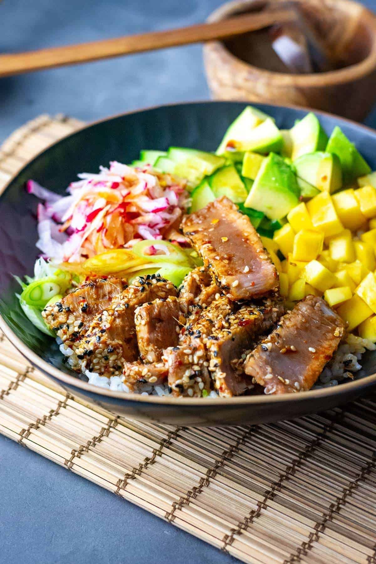 Tuna Poke Bowl on a table.