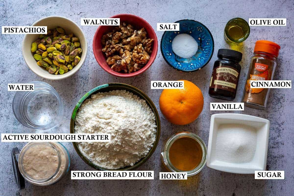 Ingrediens for sourdough baklava focaccia.