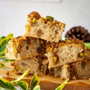 Sourdough Baklava focaccia squares stacked on top of each other.