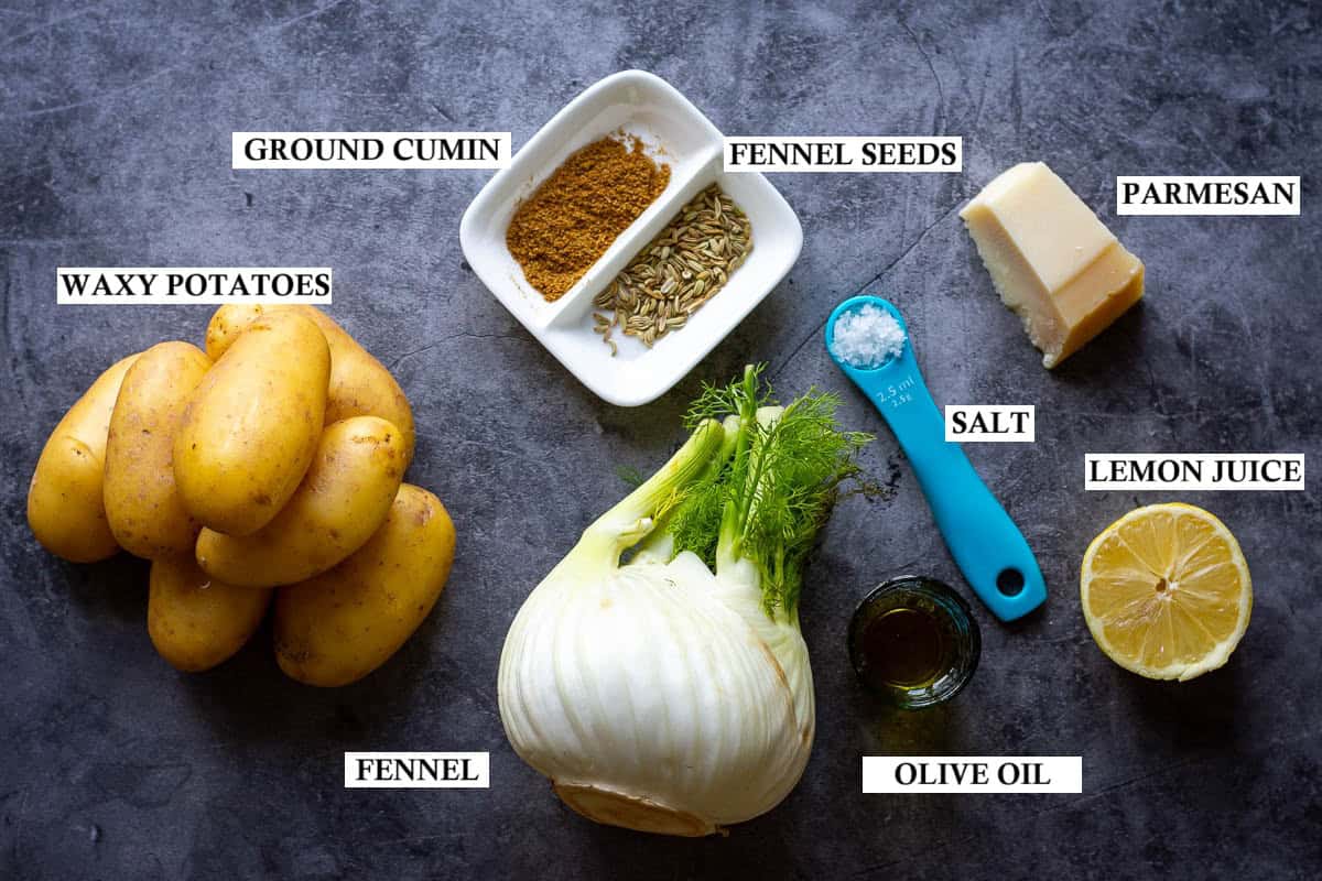 Labelled ingredients for roasted fennel and potatoes.
