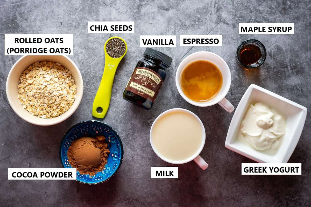 Labelled ingredients for Tiramisu overnight oats.