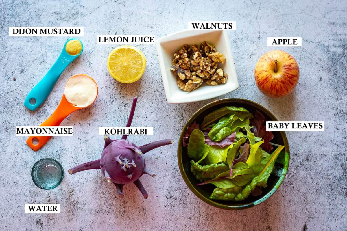 Labelled ingredients for Kohlrabi and apple salad.