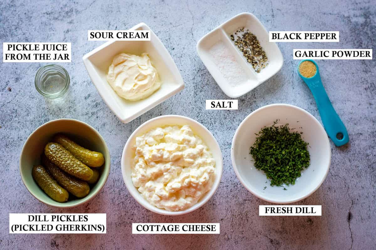 Ingredients for Cottage Cheese Dip With Pickles.