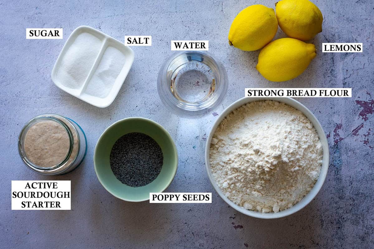 Labelled ingredients for lemon poppy seed sourdough bread.