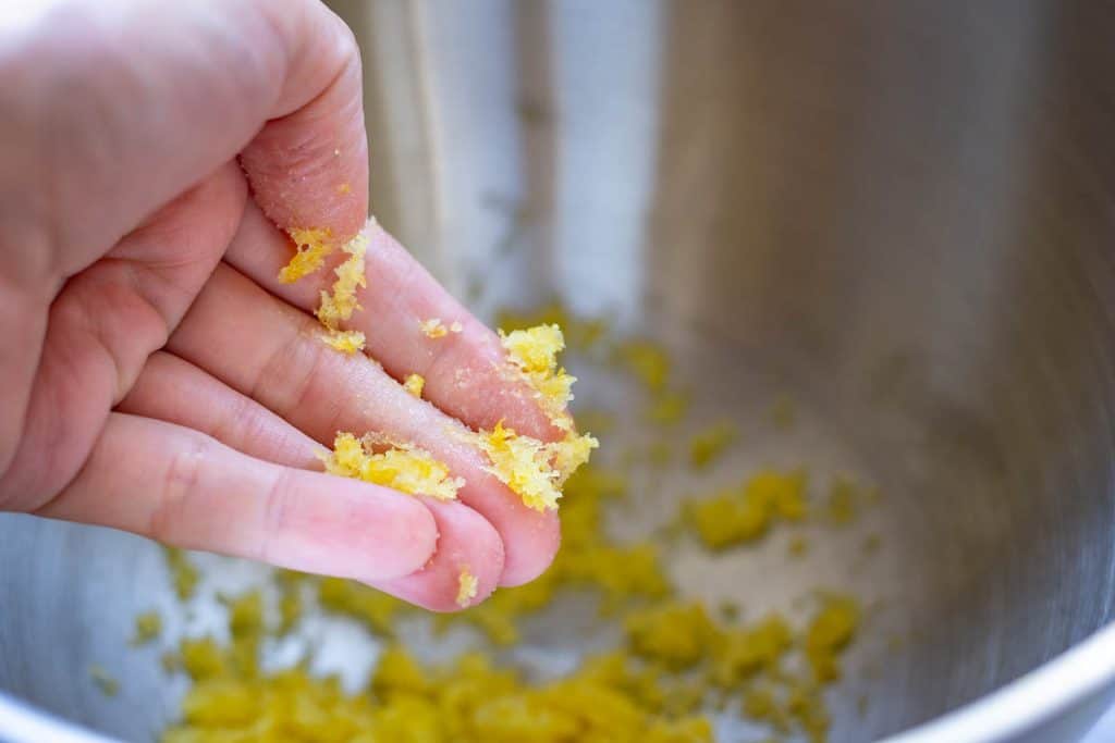 Lemon zest rubbed into sugar and salt.