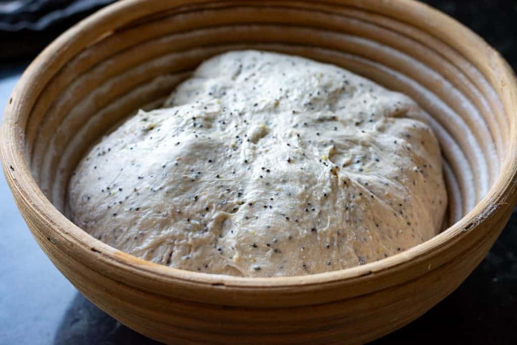 Stitched sourdough in a banettone basket.
