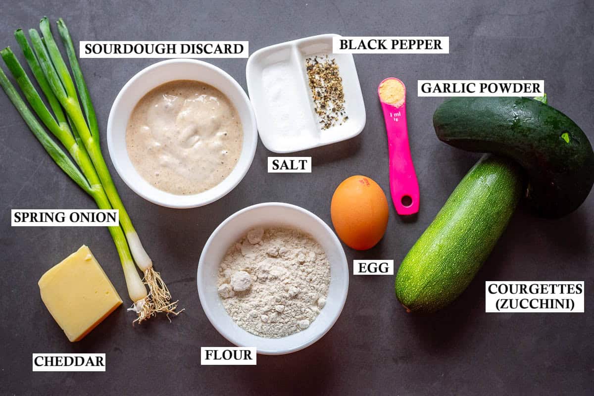 Ingredients for Sourdough Zucchini Fritters.