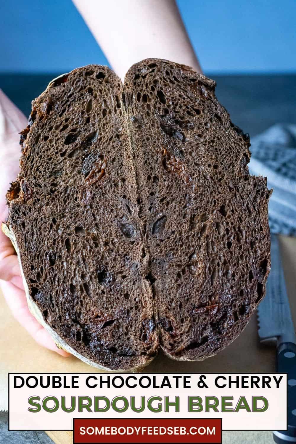 Chocolate and Cherry Sourdough cut in half - pin for pinterest.
