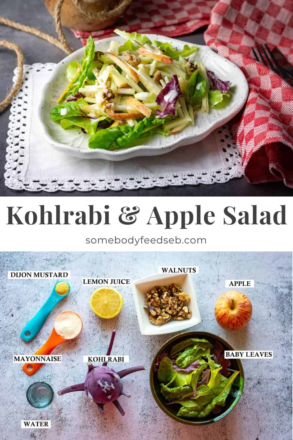 Kohlrabi salad with apples and walnuts Pin for Pinterest.