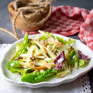 Kohlrabi Apple Salad With Walnuts on a white plate.