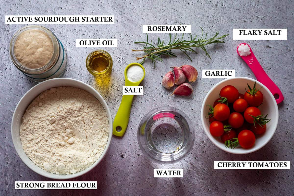 Ingredients for Cherry Tomato Sourdough Focaccia.